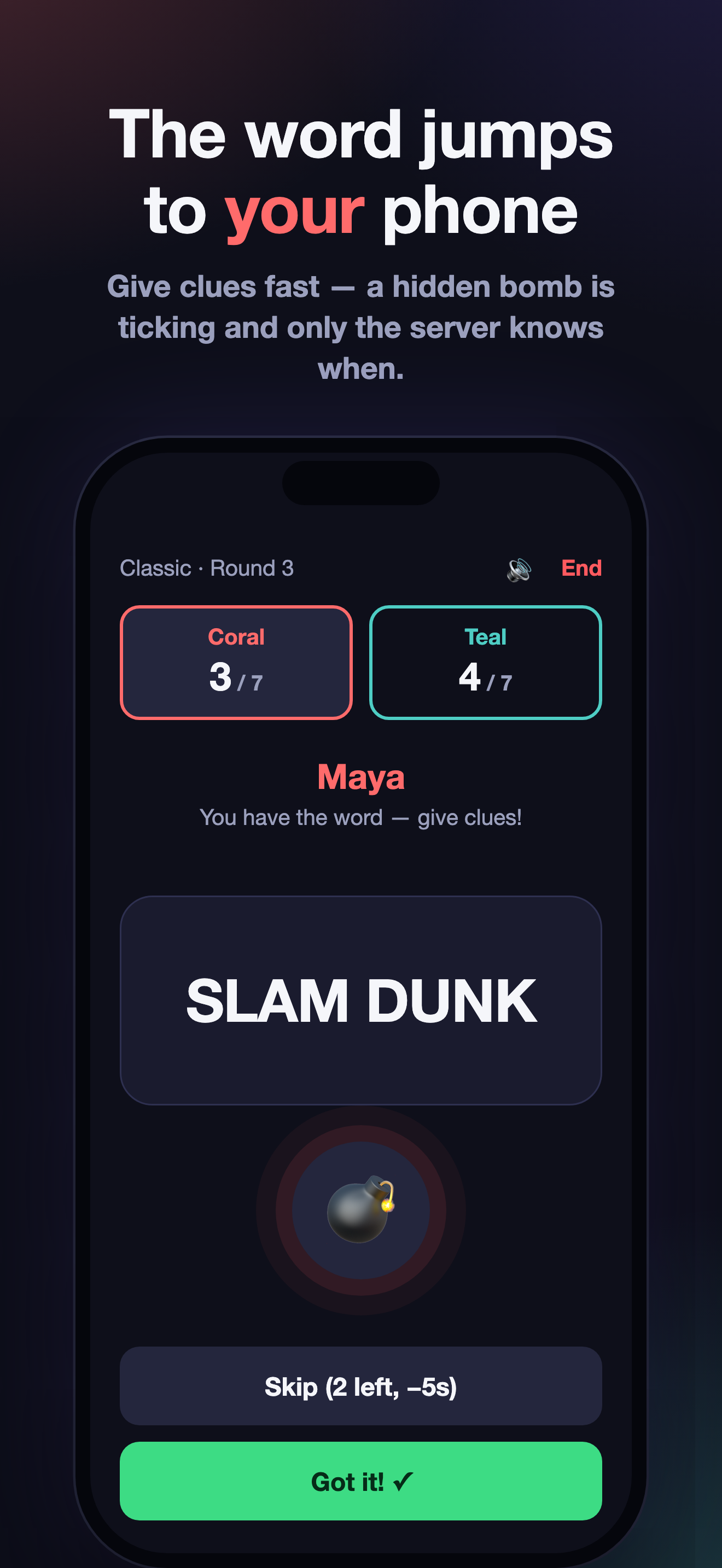 Gameplay: the word on screen with the bomb ticking