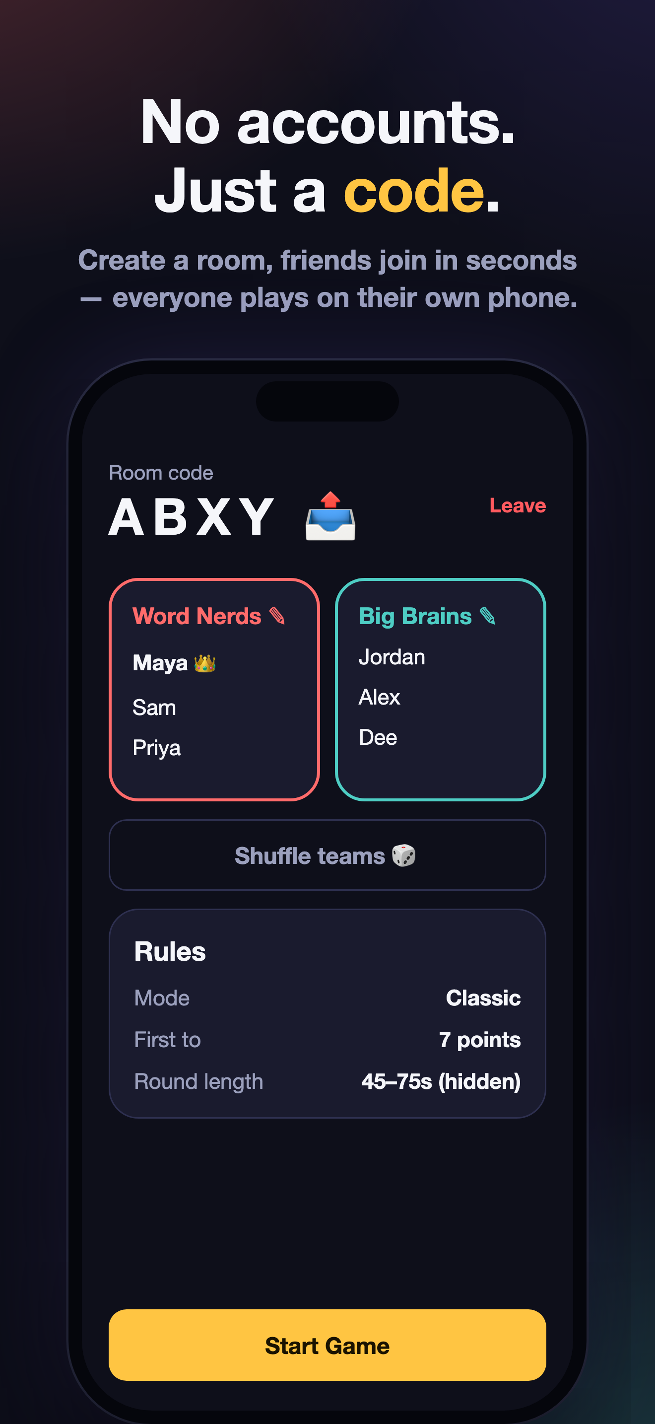 Lobby with teams and a 4-letter room code